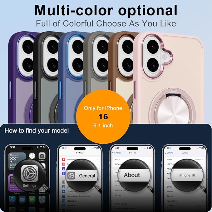 ZIYE Black Case for iPhone 16 Case with Stand [Compatible with MagSafe] Slim Heavy Duty Protection Military Grade Shockproof Magnetic Cover with 360 Rotatable Ring Kickstand for Women Men