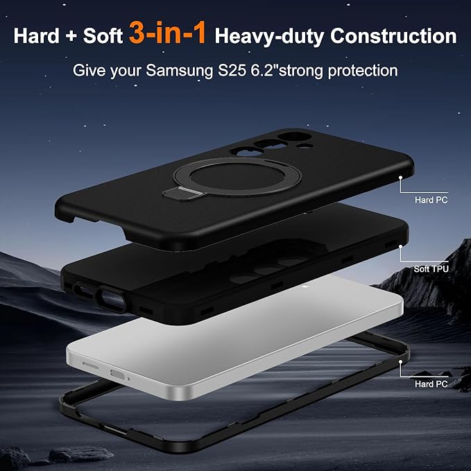 Designed for Samsung Galaxy S25 Case with Magnetic Ring Stand [Compatible with Mag-Safe][Military Grade Drop Protection][Build in Kickstand] Shockproof Galaxy S25 Phone Case 6.2",Black