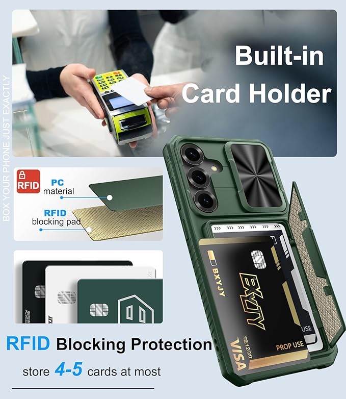 Multifuncional Case for Samsung Galaxy S25+ Plus, Card Holder (4-5 Cards), RFID Block, Slide Lens Cover & Military Drop Protection, Heavy Duty Men Women Wallet Case for Samsung S25+ Plus, Green