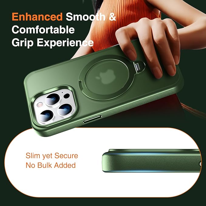 360° O-Ring MagStander for iPhone 14 Pro Case with Magnetic Kickstand Ring Holder [Compatible with MagSafe][360°Rotate Stand Ring][Military Shockproof] iPhone 14 Pro Phone Cover Matte Green