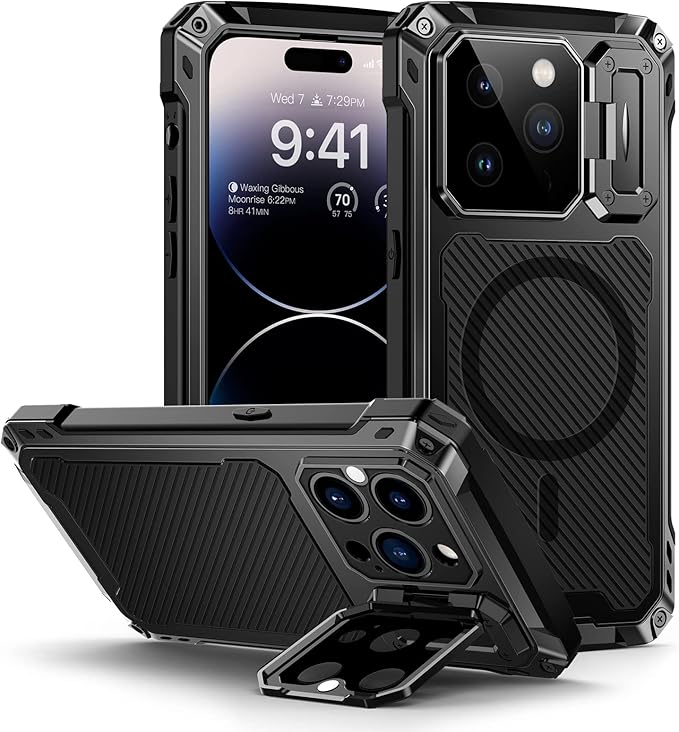 Lanhiem Magnetic for iPhone 14 Pro Metal Case, [Built-in Camera Kickstand & Glass Screen Protector] Heavy Duty Full Body Rugged Protective Military Magsafe Cover for iPhone 14 Pro 6.1" (Black)