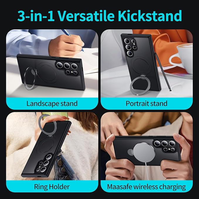 for Samsung Galaxy S24 Ultra Case,Compatible with Magsafe [Wireless Charging],with 360°Rotatable Magnetic Ring Stand,Matte Translucent Slim Soft Edge Phone Kickstand,Black