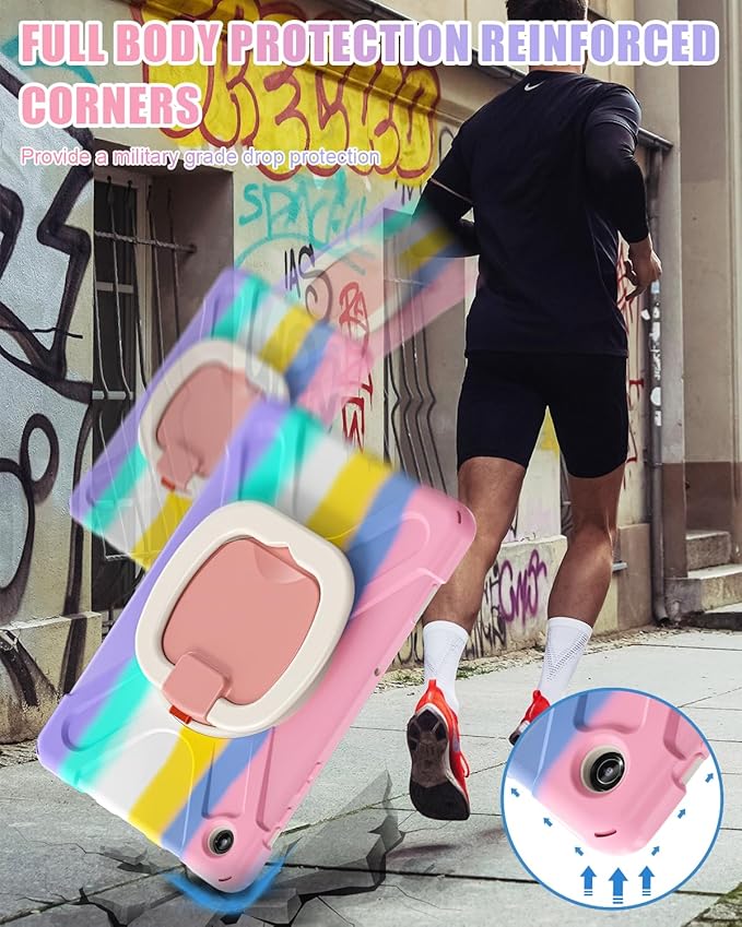 BRAECN Case for Samsung Galaxy Tab A9 Plus/ A9+ 11” 2023 (SM-X210/X216/X218), Heavy Duty Rugged Cover with Screen Protector, 360 Degree Rotating Stand, Stable Kickstand, Shoulder Strap, Colorful Pink