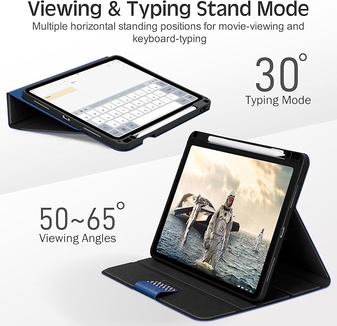 KingBlanc Case for iPad Pro 11 inch (M4) 2024 with Pencil Holder, Vegan Leather Smart Stand Cover, Auto Sleep Wake, Support Pencil Pro/(USB-C), Angles for Viewing/Writing, Durable Protection, Blue