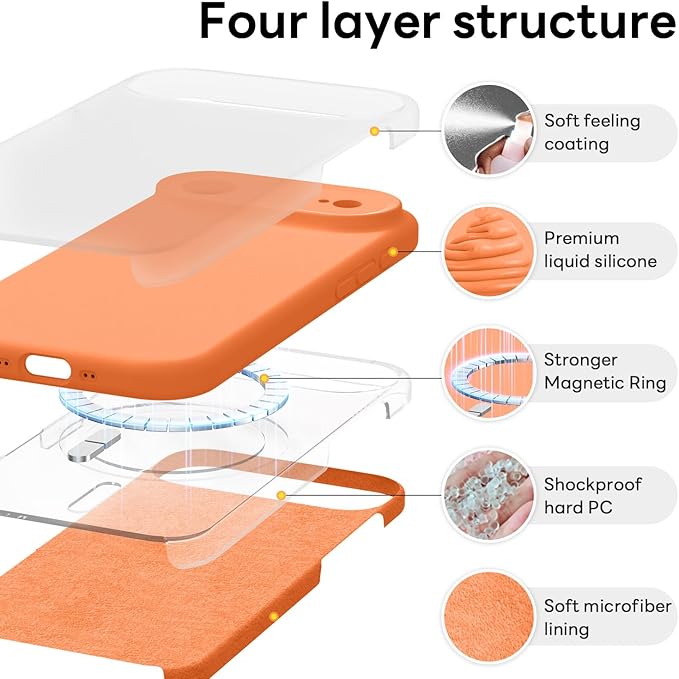 Vooii Magnetic Compatible with iPhone Air Case (Compatible with Magsafe) (Upgraded Camera Protection) Liquid Silicone Shockproof Full Body Protective Phone Cover for Women Men, Bright Orange, 6.5"