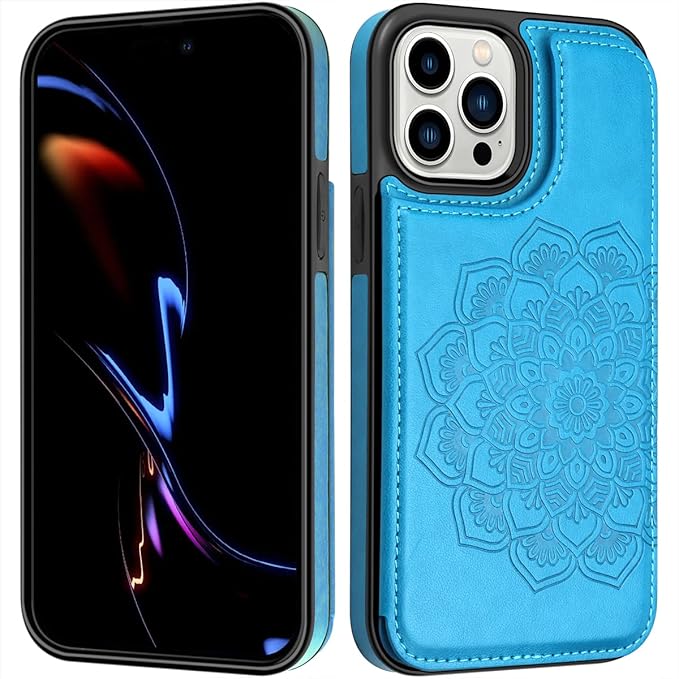 MMHUO for iPhone 14 Pro Case with Card Holder,Flower Magnetic Buttons Protective Wallet Case for Women for iPhone 14 Pro,Blue