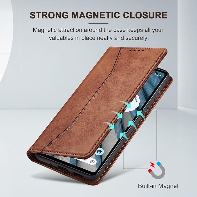 Jasonyu Flip Wallet Case for Google Pixel 7A,Leather Magnetic Folio Cover with Card Holder,Kickstand - TPU Shockproof Durable Protective Phone Case,Brown