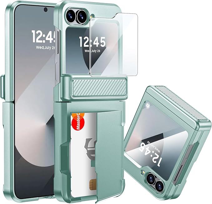 CENMASO for Samsung Galaxy Z Flip 6 Case/Z Flip 7 FE Case with Card Holder [RFID Blocking] & Hinge Protection & Screen Protector, Full-Body Shockproof Phone Case for Z Flip 6/Z Flip 7 FE-Mint Green