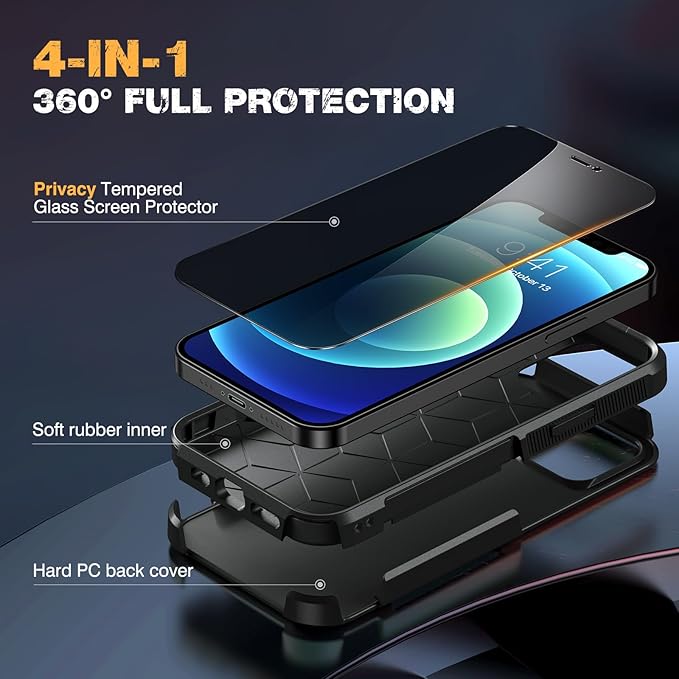 Diaclara Designed for iPhone 12 Case/iPhone 12 Pro Case, [with Privacy Screen Protector] [Anti Spy] [Military Grade Drop Protection] Heavy Duty Full-Body Shockproof Phone Case, Black