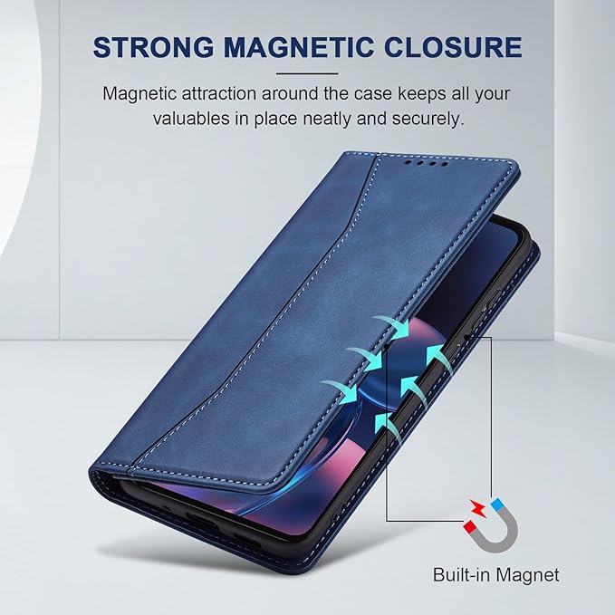 Jasonyu Flip Wallet Case for Motorola Edge (2022) Moto,Leather Magnetic Folio Cover with Card Holder,Kickstand - TPU Shockproof Durable Protective Phone Case,Blue