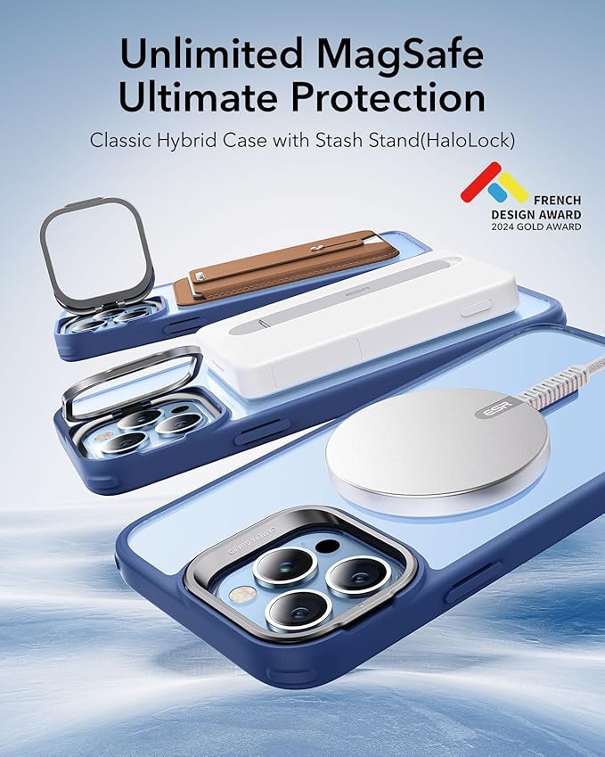 ESR for iPhone 13 Pro Max Case, Compatible with MagSafe, Built-in Camera Ring Stand, Military-Grade Protection, Magnetic Phone Case for iPhone 13 Pro Max, Classic Series, Clear Blue