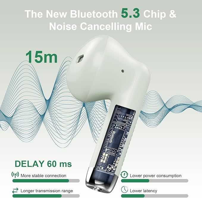 Wireless Earbuds, Bluetooth 5.4 Earbuds Stereo Bass, Bluetooth Headphones in Ear Noise Cancelling Mic, Earphones IP7 Waterproof Sports, 32H Playtime USB C Charging Case Green Ear Buds for Android iOS