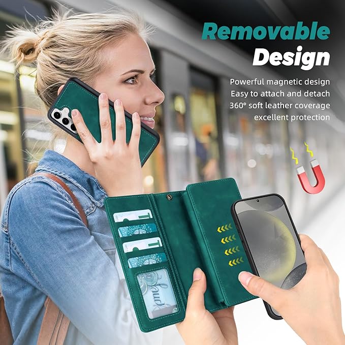TwoHead for Samsung Galaxy S24 Wallet Case with Card Holder,Detachable Magnetic Phone Case for Galaxy S24,PU Leather Shockproof Protective Phone Cover Wallet with Wrist Strap(6.1 in,Green)