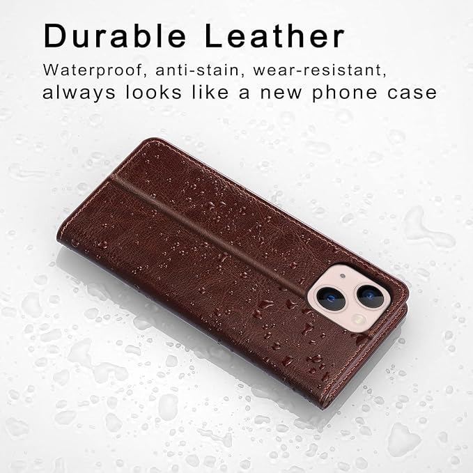 Belemay Case Compatible with iPhone 14 Wallet Case-Genuine Leather Flip Phone Case-RFID Blocking Card Holder-Shockproof TPU Shell Folio Book Cover Women Men Compatible with iPhone 14 (6.1-inch) Brown