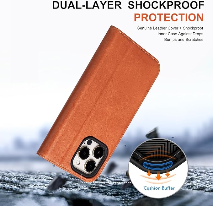 Case for iPhone 16 Pro 6.3" 2024-Genuine Leather Folio Magnetic Closure RFID Blocking Card Holder Kickstand Full Protection Phone Case Compatible with iPhone 16 Pro (Brown)