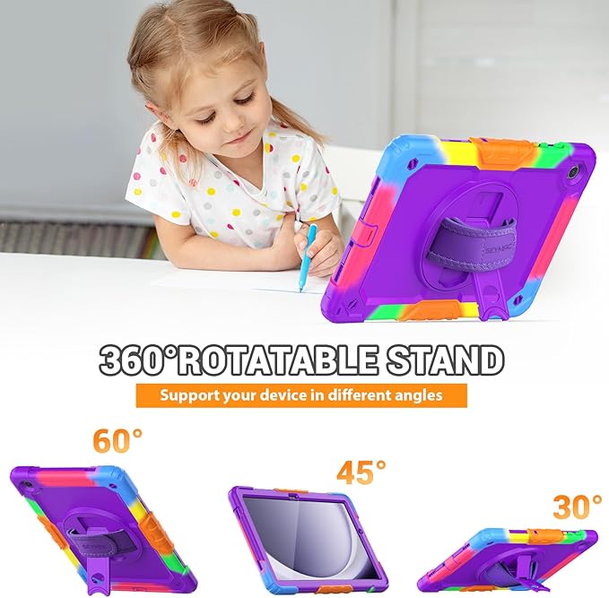 SEYMAC Case for Samsung Galaxy Tab A9+/ A9 Plus 11" (SM-X210/X216/X218), Heavy Duty Shockproof Protective Case with Screen Protector, Rotating Stand, Hand/Shoulder Strap, Purple