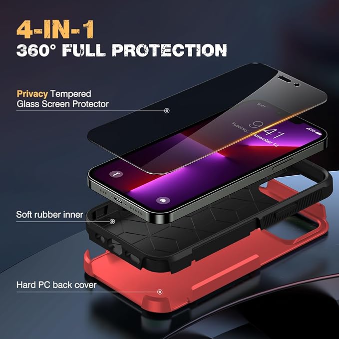 Diaclara Designed for iPhone 13 Pro Max Case, [with Privacy Screen Protector] [Anti Spy] [Military Grade Drop Protection] Heavy Duty Full-Body Shockproof Phone Case, Red