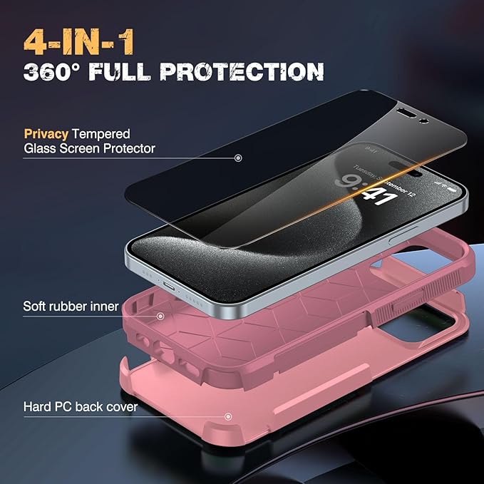 Diaclara Designed for iPhone 15 Pro Max Case, [with Privacy Screen Protector] [Anti Spy] [Military Grade Drop Protection] Heavy Duty Full-Body Shockproof Phone Case, Pink