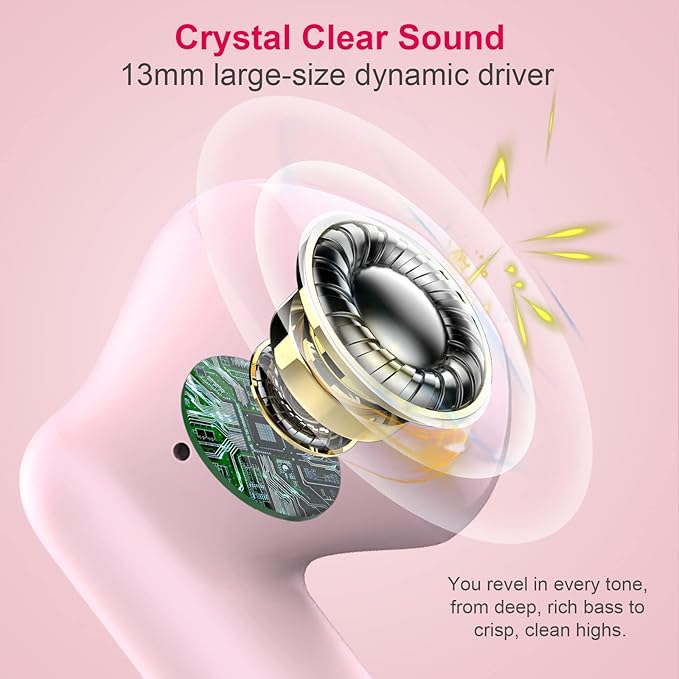 Wireless Earbuds, Bluetooth 5.4 Headphones in Ear with Noise Cancelling Mic, Bluetooth Earbuds Stereo Bass, IP7 Waterproof Sports Earphones, 32H Playtime USB C Charging Ear Buds Pink for Android iOS