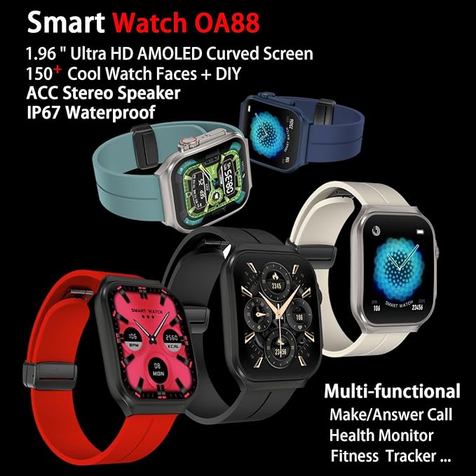 Smart Watch for Men Women with Bluetooth Call, Android ＆ iOS Compatible 1.96" AMOLED Touchscreen AI Voice Fitness Tracker Heart Rate/Sleep/SpO2/Stress Monitor Pedometer, 120+ Sport Modes