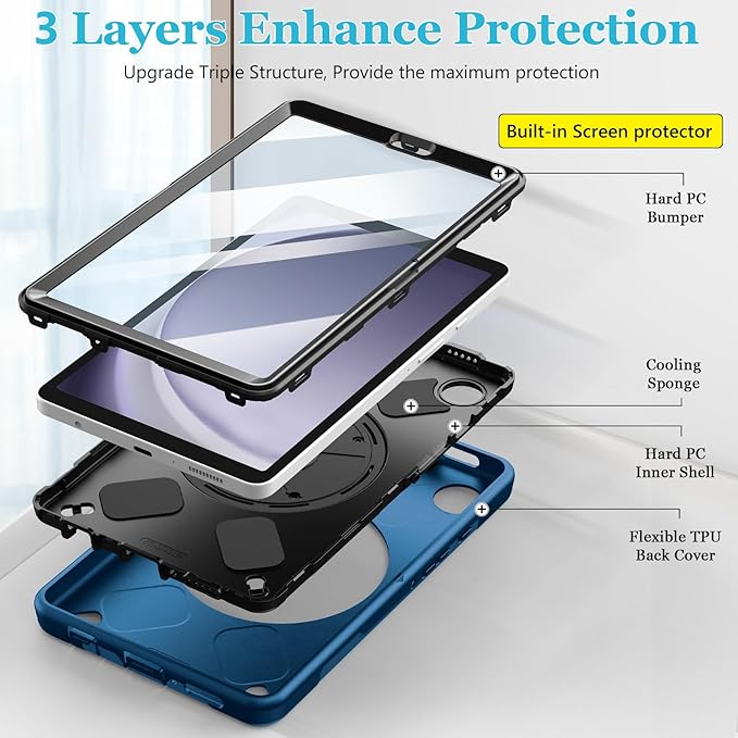 Case for Galaxy Tab A9 Plus 5G 2023: Heavy Duty TPU Cover for Samsung Tablet A9+ 11 Inch with Screen Protector- Stand - Handle - Shoulder Strap -S-Pen Holder- Blue