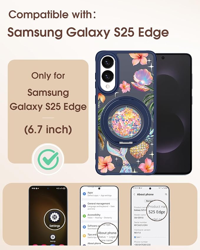 for Samsung Galaxy S25 Edge Case with 360° Rotatable Magnetic Ring - Compatible with MagSafe, Semi-Transparent Anti-Fingerprint Soft-Touch Material Shockproof, Cute Y2K Design for Women Girl