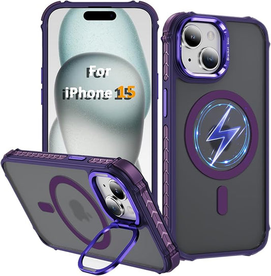 Magnetic for iPhone 15 Case Purple with MagSafe Wireless Charging Heavy Duty Military-Grade Shockproof Protection Adjustable Kickstand Slim Matte Anti-Fingerprint Cover Men Women