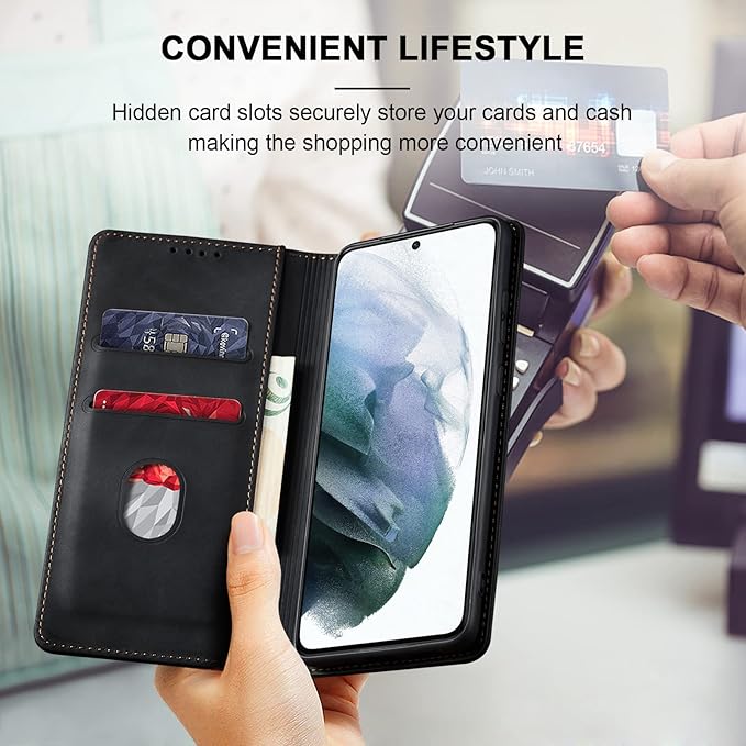 Jasonyu Flip Wallet Case for Samsung Galaxy S21 5G,Leather Magnetic Folio Cover with Card Holder,Kickstand - TPU Shockproof Durable Protective Phone Case,Black