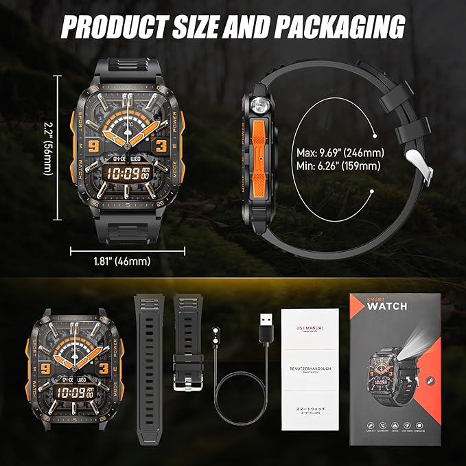Military Smart Watch for Men with LED Flashlight/UV Light 3ATM Waterproof 1.96" Big Screen Rugged Tactical Smartwatch with Text and Call Fitness Tracker with HR/Sleep Monitor for iPhone Android