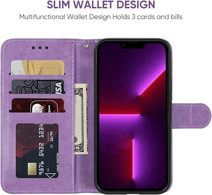 Case for iPhone 13 Case, iPhone 14 Wallet Case with Tempered Glass Screen Protector, Flower Leather Flip Credit Card Holder Stand Phone Cover Cases for iPhone 14 Purple