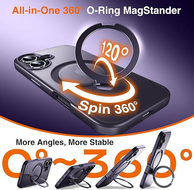 360° O-Ring MagStander for iPhone 16 Case with Magnetic Kickstand Ring Holder [Compatible with MagSafe][360°Rotate Stand Ring][Military Shockproof] Magnet iPhone 16 Phone Cover Matte Purple