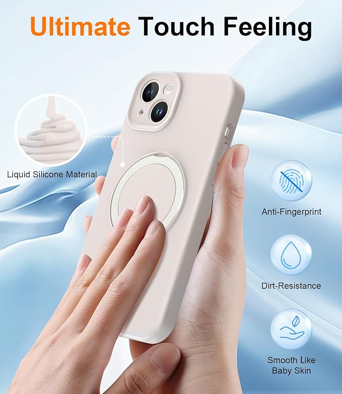 ZHK Liquid Silicone Designed for iPhone 14 Plus Case with Magnet Stand, [Precise Camera Lens Protection][Mil-Grade Drop Shockproof][Soft Anti-Scratch Microfiber Lining] Slim Fit Cover, Beige