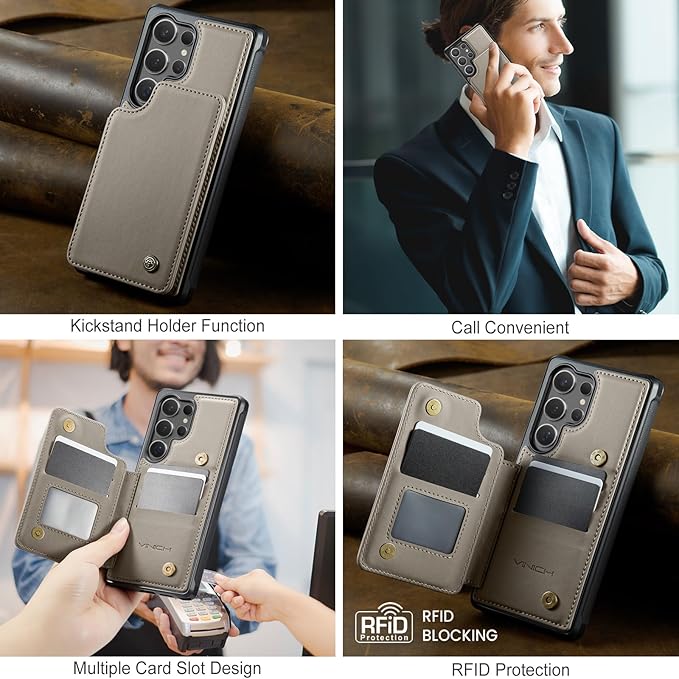 Vinich for Samsung Galaxy S25 Ultra Wallet Case with Card Holder, RFID Blocking Credit Slots Kickstand Shockproof Phone Cover for Women Men, Gray