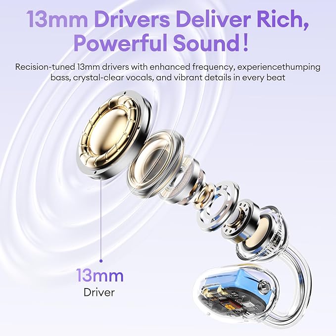 2 in 1 Clip on Open Ear Headphones Wireless Earbuds, 0 Delay Bluetooth 6.0, Ultra-Long 140H Play, Auto L-R Recognition Touch Control, Hybrid Noise Reduction for Work Fitness Daily Use, Ctbuds Purple