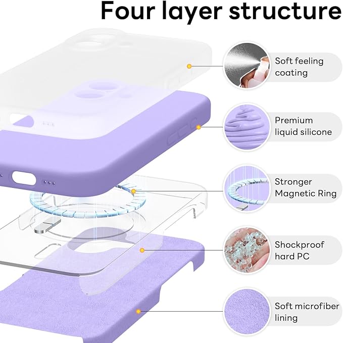 Vooii Magnetic Compatible with iPhone 17 Case (Compatible with Magsafe) (Upgraded Camera Protection) Liquid Silicone Shockproof Full Body Protective Phone Cover for Women Men, Light Purple, 6.3"