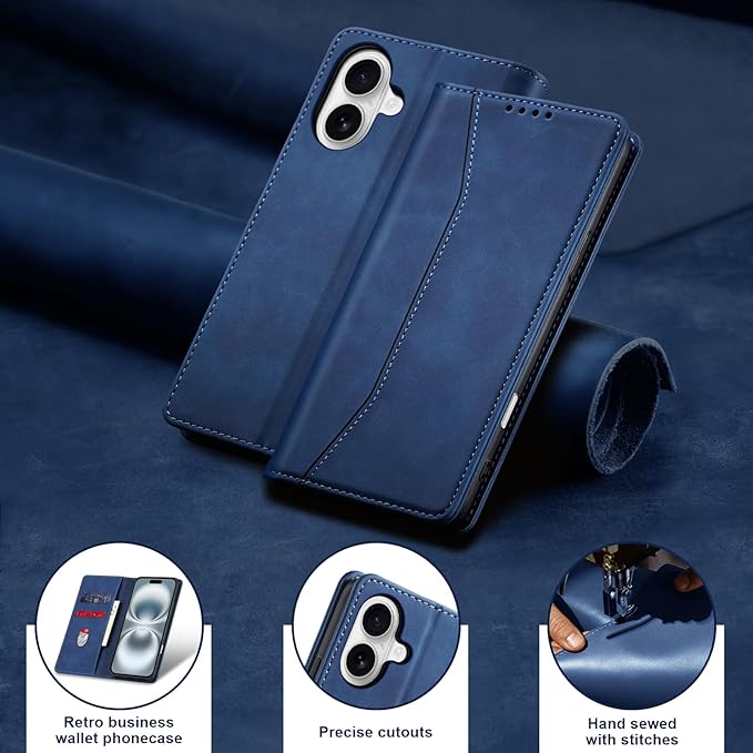 Jasonyu Flip Wallet Case for iPhone 16,Leather Magnetic Folio Cover with Card Holder,Kickstand - TPU Shockproof Durable Protective Phone Case,Blue
