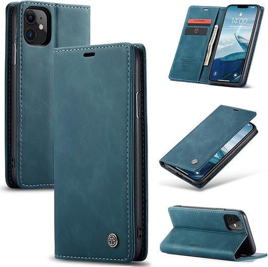 for iPhone 11 6.1-Inch Case, Flip Wallet Leather Case with Card Holder Magnetic Closure Shockproof Kickstand Protective Phone Cases Cover for iPhone 11, Blue-Green