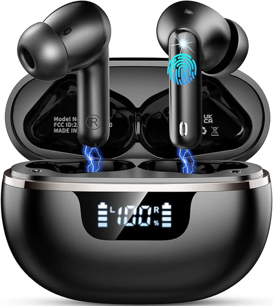 Wireless Earbuds Bluetooth Headphones Noise Cancelling, Bluetooth 5.4 Ear bud with Dynamic Drivers Stereo, 40H Playtime Sports Earphones Wireless Waterproof with LED Power Display for Laptop Pad Phone