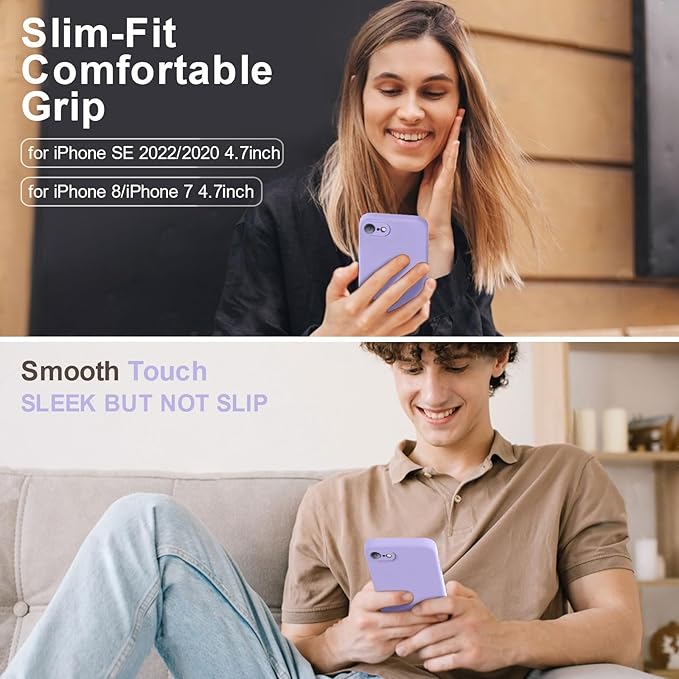 Vooii for iPhone SE Case 2022/3rd/2020,iPhone 8/7 Case, Upgraded Liquid Silicone with [Flat Edges] [Camera Protection] [Soft Anti-Scratch Microfiber Lining] Phone Case for iPhone SE - Light Purple