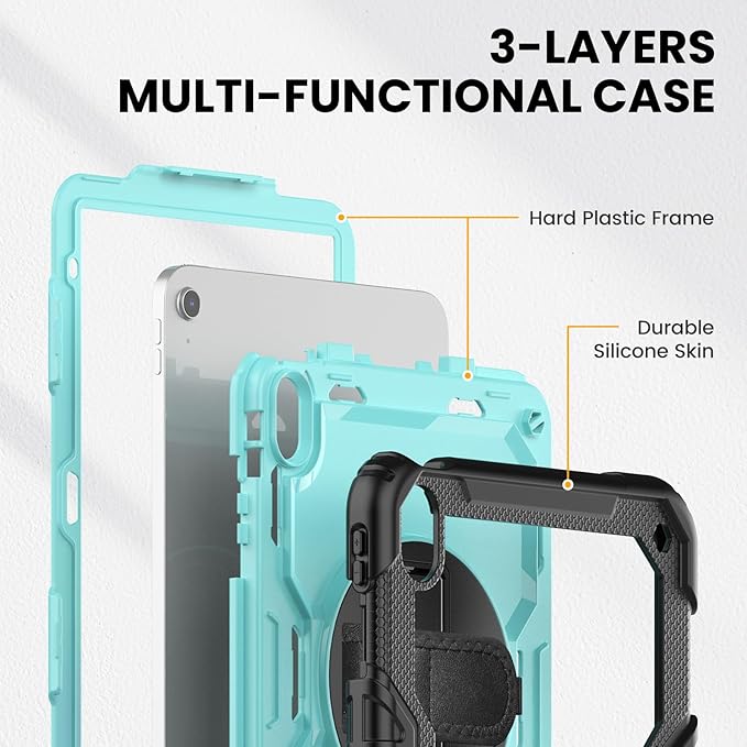 timecity for iPad (A16) 11th/ 10th Generation Case 11''/ 10.9 Inch (2025/2022) - Heavy Duty Protective Cover with Screen Protector, Stand, Shoulder Strap & Pencil Holder | Kids-Friendly - Light Blue