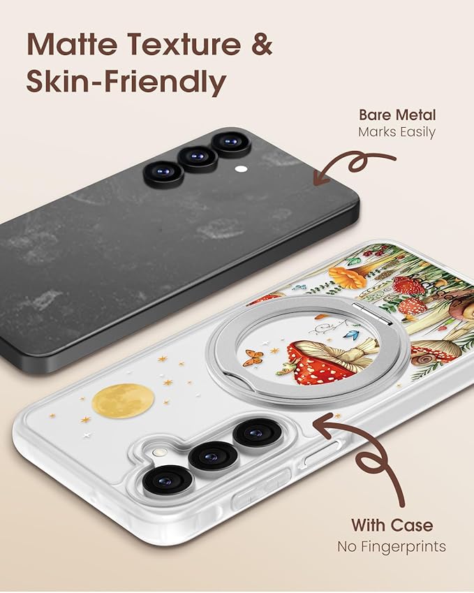 for Samsung Galaxy A16 4G/5G Case with 360° Rotatable Magnetic Ring - Semi-Transparent Anti-Fingerprint Soft-Touch Material Shockproof, Cute Mushroom & Butterfly Design for Women Girl