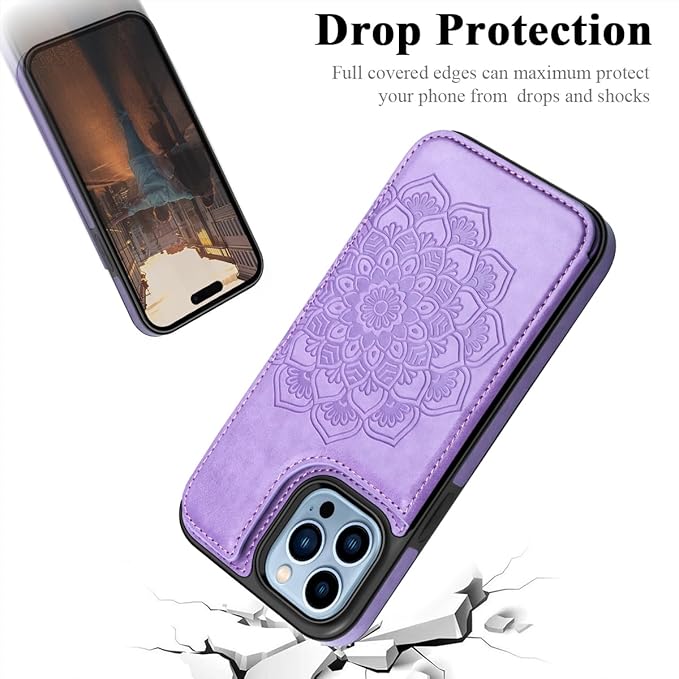 MMHUO for iPhone 15 Pro Max Case with Card Holder,Flower Magnetic Buttons Protective Wallet Case for Women for iPhone 15 Pro Max,Purple