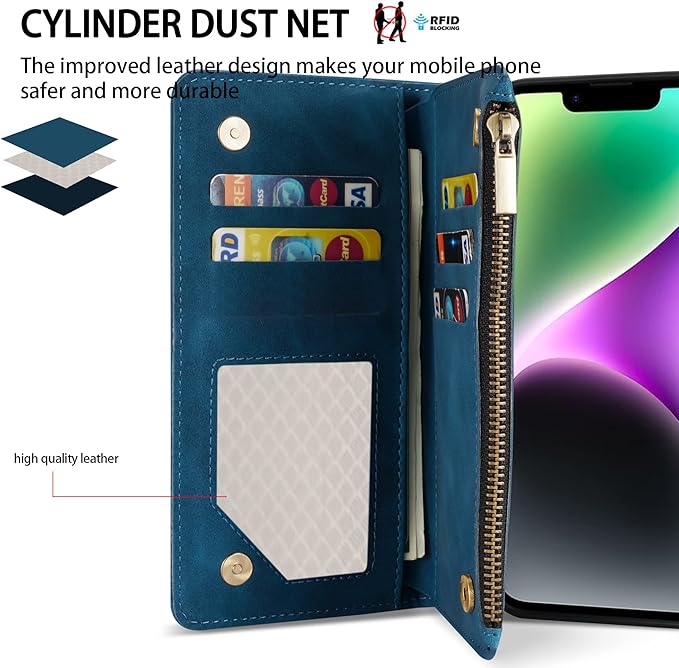 ZZXX for iPhone 14 Case Wallet with [RFID Blocking] Card Slot Premium Soft PU Leather Zipper Flip Folio with Wrist Strap Kickstand Protective Phone Cover for iPhone 14 Wallet Case(Blue-6.1 inch)