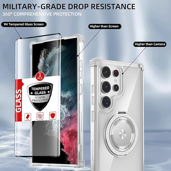 for Samsung Galaxy S22 Ultra Case Compatible with MagSafe Magnetic,with Screen Protector,with Kickstand Ring Military Grade Drop Heavy Duty Protection Shockproof for S22 Ultra Phone Case Clear