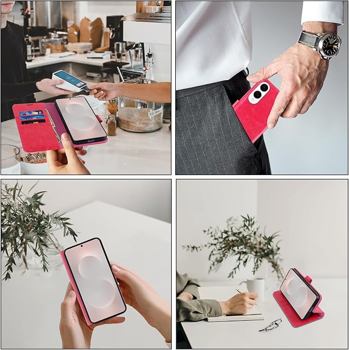 MONASAY Wallet Case Fit for Samsung Galaxy S25 Edge 5G，[Lens & Glass Screen Protector] [RFID Blocking] Flip Folio Leather Cell Phone Cover with Credit Card Holder, 6.7 inch, Hot-Pink