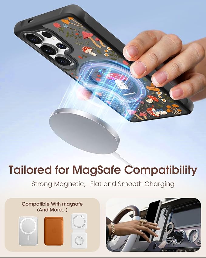 for Samsung Galaxy S25 Ultra Case with 360° Rotatable Magnetic Ring - Compatible with MagSafe, Semi-Transparent Soft-Touch Material Shockproof, Cute Mushroom Design for Women Girl