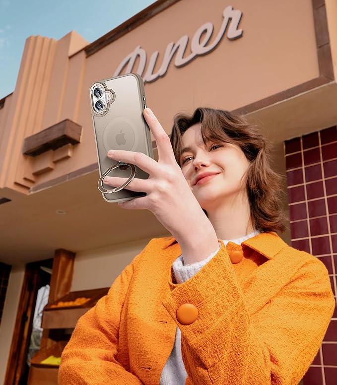 Magnetic for iPhone 16 Case with Ring Stand, [10 FT Drop Protection] [Velvety Touch] Slim Translucent Matte Back Shockproof Phone Case for iPhone 16 6.1'', Bronze