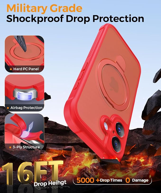 MOCCA Compatible with iPhone 17 Case with Magnetic Invisible Stand [Full Camera Protection] [Compatible with Magsafe] Military Drop Shockproof Translucent Matte Phone Case Cover 6.3",Red