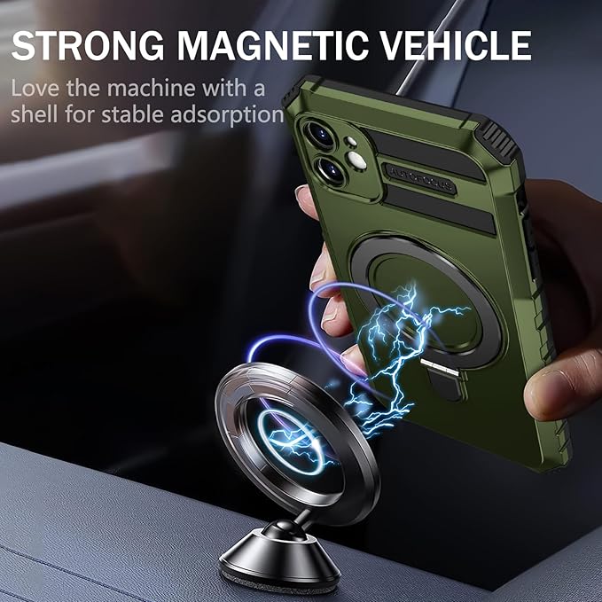 for iPhone 12 Case Magnetic Compatible with MagSafe Wireless Charging,with 2 Screen Protectors,Built-in Kickstand Ring,Shockproof Shock-Absorbent Scratch Resistant Heavy Duty Protection Green