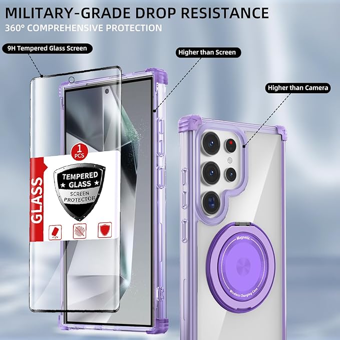 for Samsung Galaxy S24 Ultra Case Magnetic Compatible with MagSafe Galaxy S24Ultra Case with Glass Screen Protector,with Kickstand Military Grade Drop Protection Shockproof S24Ultra CasePurple